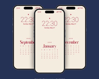 Puede incluir: Tres smartphones que muestran fondos de pantalla de calendario de 2026. Cada teléfono muestra un mes diferente: septiembre, enero y diciembre. La hora es 22:30 del domingo 27 de mayo. La imagen incluye el texto "2026 Calendar Phone Wallpaper Set" y "12 Monthly Wallpapers".