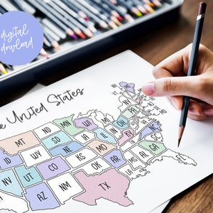 El mapa de Estados Unidos imprimible para colorear mapa de EE. UU. para imprimir y procrear descarga digital