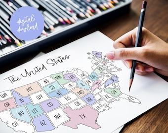 The United States Map Printable Coloring USA map for Print and Procreate Digital Download