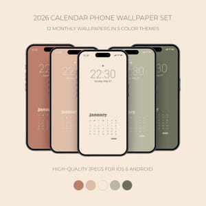 May include: Five smartphones displaying 2026 calendar wallpapers in various colors: terracotta, peach, cream, sage green, and olive green. Each phone shows the month of January with the time 22:30. Text at the top reads "2026 Calendar Phone Wallpaper Set".