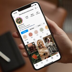 May include: A screenshot of an Instagram profile for NatureExplorerAdventures, showing a grid of photos featuring nature, animals, and travel. The profile has 1,431 posts, 381K followers, and 631 following. The profile owner is Sarah Woods, a nature lover who shares her journey with others. The profile includes a call to action to follow and message the owner.