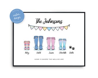 Printable Family Welly Boots, Custom Wellies Picture, Personalized Family Art, Family Wellington Boots Gift