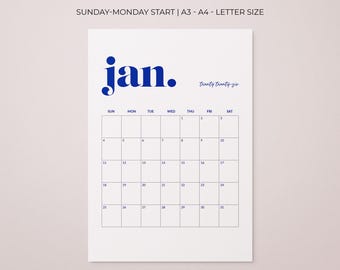 2026 Printable Monthly Calendar – Portrait Layout (PDF Download) - A3/A4/Letter Sizes