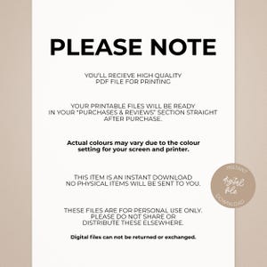 May include: A beige digital download announcement with the text "PLEASE NOTE" in bold black letters. The text provides information about the digital file, including printing, access, and usage restrictions. A circular "INSTANT digital file DOWNLOAD" graphic is in the lower right.