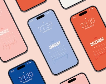 Puede incluir: Varios smartphones con fondos de pantalla de calendario. Las pantallas muestran meses como agosto, enero y diciembre, con el año 2026. Cada teléfono muestra la hora a las 22:30.