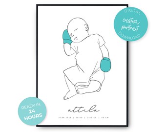 Newborn Line Drawing, Custom Baby Portrait Birth Poster, Minimal Nursery Decor, Personalized Baby Gift, Printable Line Art