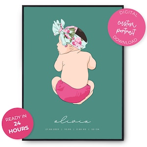Dibujo de bebé personalizado, póster de nacimiento personalizado, boceto de recién nacido a partir de una foto, regalo de retrato de bebé personalizado