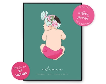 Dessin de bébé personnalisé, affiche de naissance personnalisée, croquis de nouveau-né à partir d'une photo, cadeau portrait personnalisé de bébé