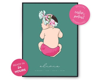 Custom Baby Drawing, Custom Birth Poster, Newborn Sketch From Photo, Personalized Baby Portrait Gift