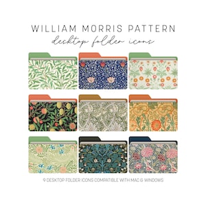 May include: Nine desktop folder icons with William Morris patterns. Each folder has a different design, including floral and botanical motifs in various colors. The text "WILLIAM MORRIS PATTERN desktop folder icons" is at the top, and "9 DESKTOP FOLDER ICONS COMPATIBLE WITH MAC & WINDOWS" is at the bottom.