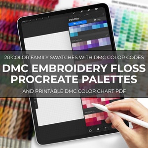 May include: A digital tablet displaying a Procreate app screen with 20 colour family swatches for DMC embroidery floss. The text "DMC Embroidery Floss Procreate Palettes" and "And Printable DMC Colour Chart PDF" is displayed on the screen. A hand is holding a stylus over the screen.