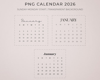 2026 Transparent Monthly Calendar PNG, Printable & Digital Planner Sticker