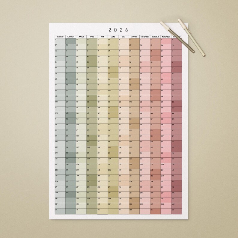 May include: A large 2026 year calendar printed on white paper. The calendar features a grid layout with each month represented by a column of squares. The squares are colored in a gradient of pastel hues. Two pens rest on the top right corner.