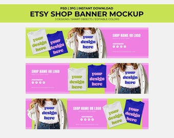 Etsy Shop Banner Mockup for T-Shirt Shops, PSD + JPG, 3 Designs, Editable Colors, Bonus Order Receipt Banner