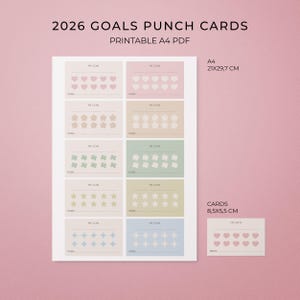 May include: Printable A4 PDF goal punch cards featuring hearts, stars, and diamond shapes in pastel colours. The cards measure 8.5 x 5.5 cm. The A4 sheet measures 21 x 29.7 cm.