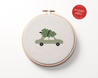Christmas Car Cross Stitch Pattern, Car with Tree X Stitch, Easy Christmas Cross Stitch Patter, Christmas Gift Beginner Cross Stitch PDF