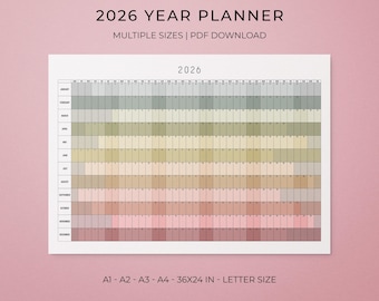 2026 Full Year Planner Horizontal, Printable Year at a Glance Wall Calendar, Instant PDF Download