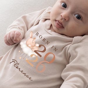 Personalised Born In 2026 Babygrow Set with Hat, Newborn Name Outfit, Neutral