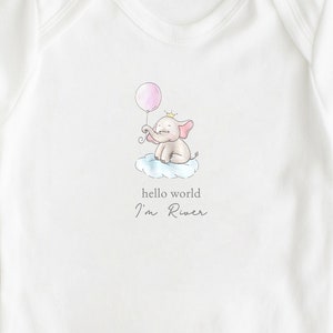 Personalised Hello World Babygrow - Sleepsuit Baby Grow New Baby Baby Announcement Baby Shower Birth announcement- Elephant Pink Balloon