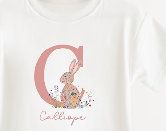 Personalised Kids Easter T-shirt- Floral Bunny Eggs - Easter gift - Boys- Girls- First Easter Top- Easter Egg Hunt T-shirt - Pink Flowers