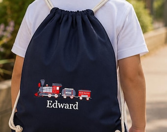 Personalised Train PE Bag, Drawstring Bag, Named School Gym Sack