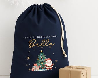 Personalised Xmas Sack for Kids | Father Christmas Sack | Christmas Eve Gift Bag | Initial and Name | Santa And Tree