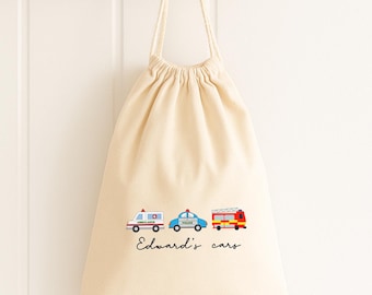 Personalised Toy Sack | Custom Name Bag | Playroom Tidy | Black or Natural | Police, Fire, Ambulance Cars
