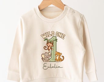 Wild One Birthday Sweatshirt, Personalised Safari Jumper for Baby’s First Birthday