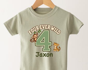 Personalised Safari 4th Birthday T-Shirt, Four Ever Wild, Monkey & Leopard Design