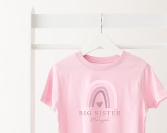 Personalised Big Sister T-Shirt - Pink Rainbow - Girls  top- Pink or White Big Sister T-shirt Tshirt New Baby