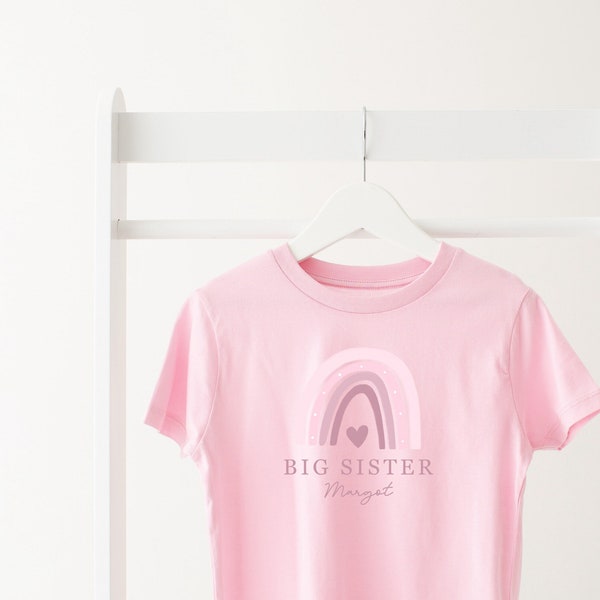 Personalisierte Big Sister T-Shirt - Rosa Regenbogen - Mädchen Top-Rosa oder Weiß Big Sister T-Shirt Tshirt Neues Baby