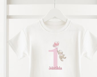 Personalised Birthday T-Shirt  - Children's tshirt-  Any Age Any Name -White Tshirt - Kids, Baby, Pink Number and Bear with balloons