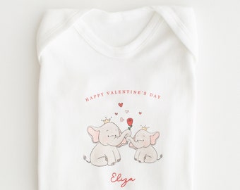 Personalised Valentine's Day Baby Grow- First Valentines Day Romper - First Valentine's Day 2024 Elephants