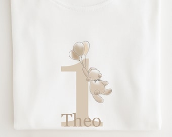 Personalised Birthday T-Shirt  - Children's tshirt-  Any Age Any Name -White Tshirt - Kids, Baby, Beige Number and Bear with balloons