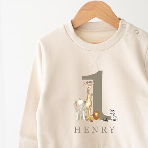 May include: A cream coloured long-sleeved sweatshirt with a large grey number one on the front. The number one is decorated with a giraffe, elephant, lion, and zebra. The name "HENRY" is printed below the number.