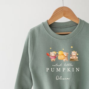 Peut inclure: Sweat-shirt à manches longues vert sauge avec un motif de trois ours tenant une citrouille et des feuilles. Le texte "cutest little PUMPKIN Olivia" est imprimé sous le motif.