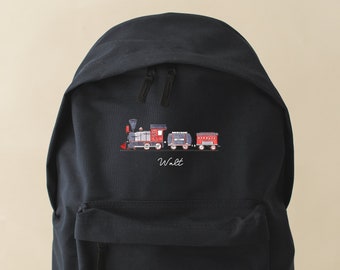 Personalised Train, backpack , steam train theme fashionable subtle design school bag rucksack, available in two sizes, hobbies, clubs