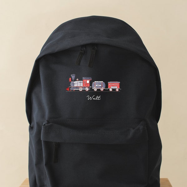 Personalised Train, backpack , steam train theme fashionable subtle design school bag rucksack, available in two sizes, hobbies, clubs