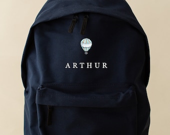 Personalised hot air balloon backpack, windy day theme fashionable subtle design school bag rucksack, available in two sizes, hobbies, clubs