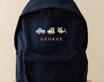 Personalised Car, train, helicopter backpack  theme fashionable subtle design school bag rucksack, available in two sizes, hobbies, clubs