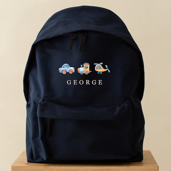 Personalised Car, train, helicopter backpack  theme fashionable subtle design school bag rucksack, available in two sizes, hobbies, clubs