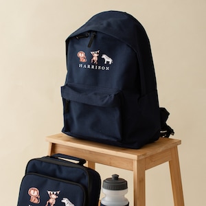 Ensemble sac à dos personnalisé avec nom d'animaux de safari, bouteille d'eau - sac à dos, 2 tailles-4 couleurs - boîte à sandwich - ensemble scolaire filles garçons - singe-lion