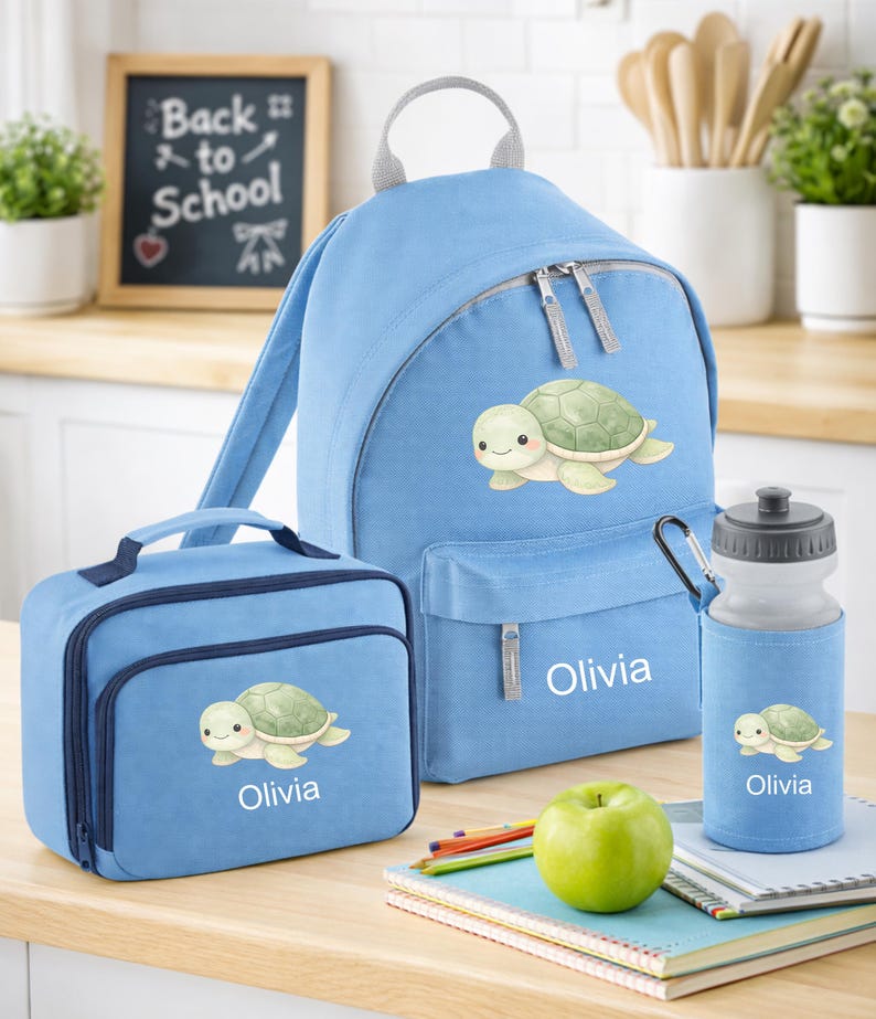 Personalised Turtle Backpack Name and Initial, Lunch Box, Water Bottle ...