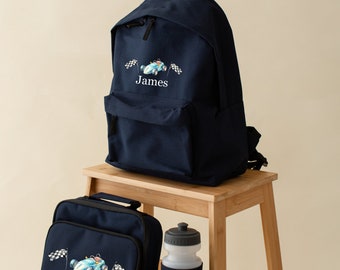 Personalised Racing car backpack set, water bottle - rucksack, 2 sizes - sandwich box - Girls boys school set -racing cars, hobby set
