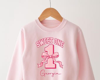 Sweet One Birthday Sweatshirt, Personalised Pink Bow Jumper for Baby Girls