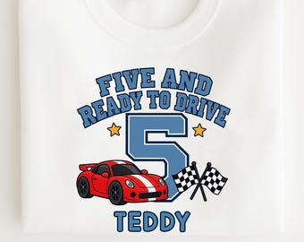 Five and Ready to Drive Birthday Sweatshirt, Personalised Racing Car Jumper