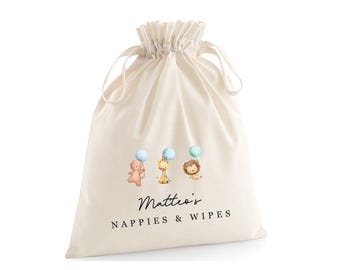 Personalised Baby Bag Organisers- Organic Cotton- Choice of words/size - Spare Clothes-Nappies & Wipes - Hospital Bag- Nursery Bag- Safari