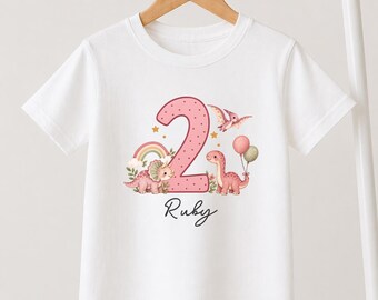 Personalised Pink Dinosaur Birthday T-Shirt, Girls Name & Age 1-5 Party Outfit