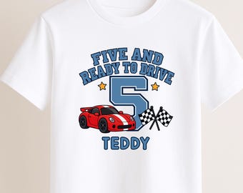 Personalised Racing Car 5th Birthday T-Shirt, Five and Ready to Drive, Name Top