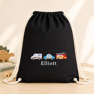 Personalised Emergency Vehicles PE Bag, Police Car Fire Engine Ambulance Gym Sack, Named School Drawstring sack